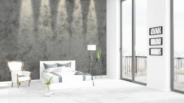 Yepyeni beyaz çatı katı yatak odası en az stil iç tasarım boşaltmak duvar ve görünümü penceresi dışında. 3D render.