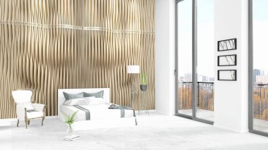 Yepyeni beyaz çatı katı yatak odası en az stil iç tasarım boşaltmak duvar ve görünümü penceresi dışında. 3D render.