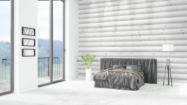Yepyeni beyaz çatı katı yatak odası en az stil iç tasarım boşaltmak duvar ve görünümü penceresi dışında. 3D render.