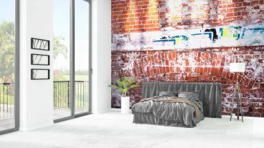 Yepyeni beyaz çatı katı yatak odası en az stil iç tasarım boşaltmak duvar ve görünümü penceresi dışında. 3D render.