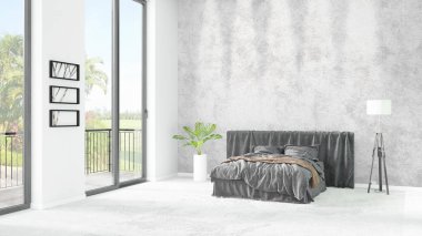 Yepyeni beyaz çatı katı yatak odası en az stil iç tasarım boşaltmak duvar ve görünümü penceresi dışında. 3D render.