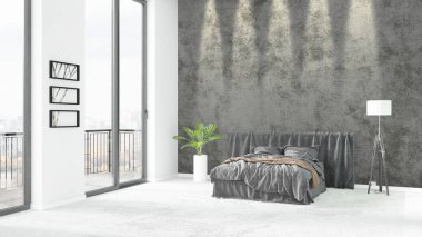 Yepyeni beyaz çatı katı yatak odası en az stil iç tasarım boşaltmak duvar ve görünümü penceresi dışında. 3D render.