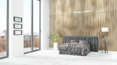 Yepyeni beyaz çatı katı yatak odası en az stil iç tasarım boşaltmak duvar ve görünümü penceresi dışında. 3D render.