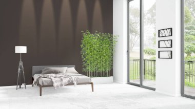 Yepyeni beyaz çatı katı yatak odası en az stil iç tasarım boşaltmak duvar ve görünümü penceresi dışında. 3D render.