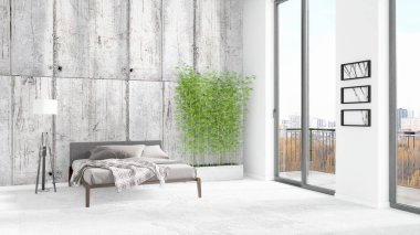 Yepyeni beyaz çatı katı yatak odası en az stil iç tasarım boşaltmak duvar ve görünümü penceresi dışında. 3D render.