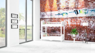 Yepyeni beyaz çatı katı yatak odası en az stil iç tasarım boşaltmak duvar ve görünümü penceresi dışında. 3D render.