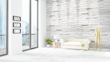 Yepyeni beyaz çatı katı yatak odası en az stil iç tasarım boşaltmak duvar ve görünümü penceresi dışında. 3D render.