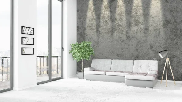 Yepyeni beyaz çatı katı yatak odası en az stil iç tasarım boşaltmak duvar ve görünümü penceresi dışında. 3D render.