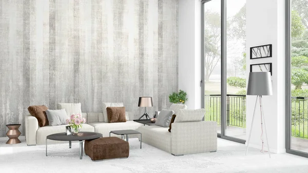 Yepyeni beyaz çatı katı yatak odası en az stil iç tasarım boşaltmak duvar ve görünümü penceresi dışında. 3D render.