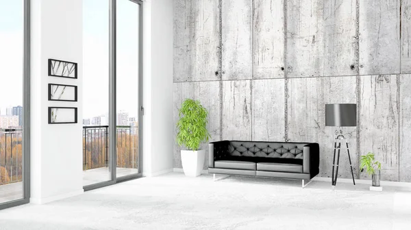 Nuevo dormitorio loft blanco de diseño interior de estilo minimalista con pared de copyspace y vista desde la ventana. Renderizado 3D . — Foto de Stock