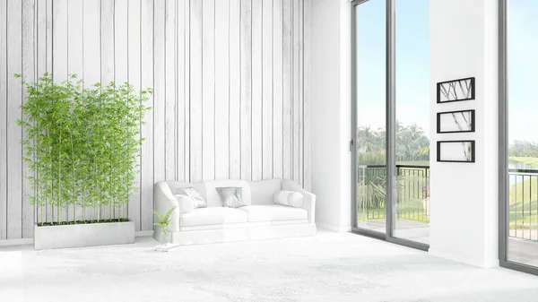 Brand new white loft bedroom minimal style interior design with copyspace wall and view out of window. 3D Rendering. — Stock Photo, Image