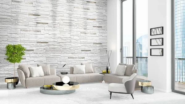 Yepyeni beyaz çatı katı yatak odası en az stil iç tasarım boşaltmak duvar ve görünümü penceresi dışında. 3D render.