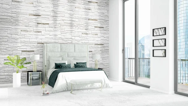 Brand new white loft bedroom minimal style interior design with copyspace wall and view out of window. 3D Rendering.