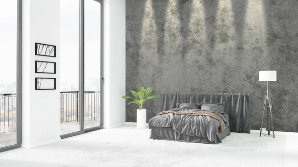 Yepyeni beyaz çatı katı yatak odası en az stil iç tasarım boşaltmak duvar ve görünümü penceresi dışında. 3D render.