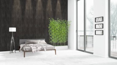 Yepyeni beyaz çatı katı yatak odası en az stil iç tasarım boşaltmak duvar ve görünümü penceresi dışında. 3D render.