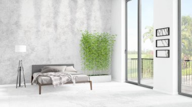 Yepyeni beyaz çatı katı yatak odası en az stil iç tasarım boşaltmak duvar ve görünümü penceresi dışında. 3D render.