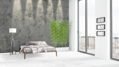 Yepyeni beyaz çatı katı yatak odası en az stil iç tasarım boşaltmak duvar ve görünümü penceresi dışında. 3D render.
