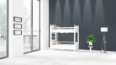 Yepyeni beyaz çatı katı yatak odası en az stil iç tasarım boşaltmak duvar ve görünümü penceresi dışında. 3D render.