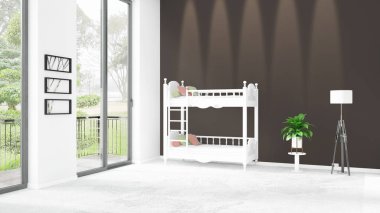 Yepyeni beyaz çatı katı yatak odası en az stil iç tasarım boşaltmak duvar ve görünümü penceresi dışında. 3D render.