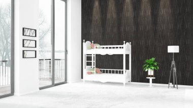 Yepyeni beyaz çatı katı yatak odası en az stil iç tasarım boşaltmak duvar ve görünümü penceresi dışında. 3D render.