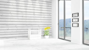 Yepyeni beyaz çatı katı yatak odası en az stil iç tasarım boşaltmak duvar ve görünümü penceresi dışında. 3D render.