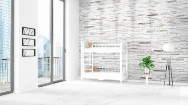 Yepyeni beyaz çatı katı yatak odası en az stil iç tasarım boşaltmak duvar ve görünümü penceresi dışında. 3D render.