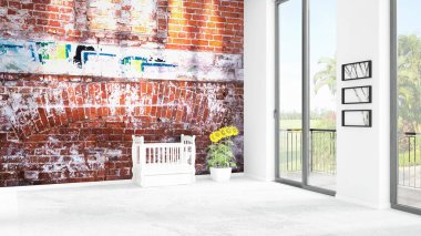 Yepyeni beyaz çatı katı yatak odası en az stil iç tasarım boşaltmak duvar ve görünümü penceresi dışında. 3D render.