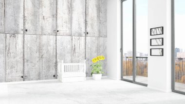 Yepyeni beyaz çatı katı yatak odası en az stil iç tasarım boşaltmak duvar ve görünümü penceresi dışında. 3D render.