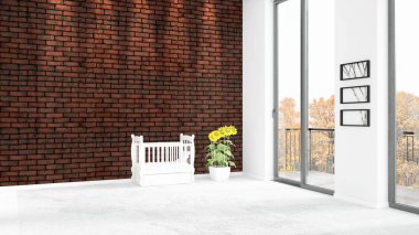 Yepyeni beyaz çatı katı yatak odası en az stil iç tasarım boşaltmak duvar ve görünümü penceresi dışında. 3D render.