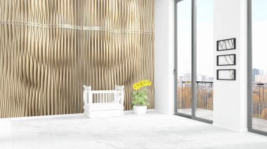 Yepyeni beyaz çatı katı yatak odası en az stil iç tasarım boşaltmak duvar ve görünümü penceresi dışında. 3D render.