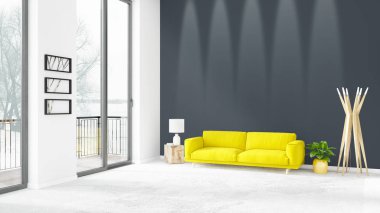 Yepyeni beyaz çatı katı yatak odası en az stil iç tasarım boşaltmak duvar ve görünümü penceresi dışında. 3D render.