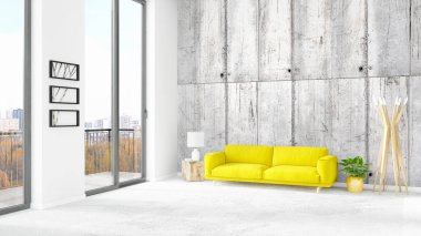 Yepyeni beyaz çatı katı yatak odası en az stil iç tasarım boşaltmak duvar ve görünümü penceresi dışında. 3D render.