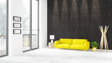 Yepyeni beyaz çatı katı yatak odası en az stil iç tasarım boşaltmak duvar ve görünümü penceresi dışında. 3D render.