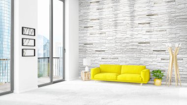 Yepyeni beyaz çatı katı yatak odası en az stil iç tasarım boşaltmak duvar ve görünümü penceresi dışında. 3D render.