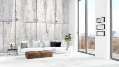 Yepyeni beyaz çatı katı yatak odası en az stil iç tasarım boşaltmak duvar ve görünümü penceresi dışında. 3D render.