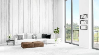 Yepyeni beyaz çatı katı yatak odası en az stil iç tasarım boşaltmak duvar ve görünümü penceresi dışında. 3D render.