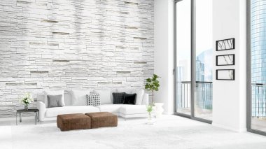 Yepyeni beyaz çatı katı yatak odası en az stil iç tasarım boşaltmak duvar ve görünümü penceresi dışında. 3D render.