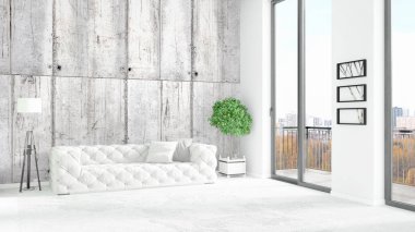 Yepyeni beyaz çatı katı yatak odası en az stil iç tasarım boşaltmak duvar ve görünümü penceresi dışında. 3D render.