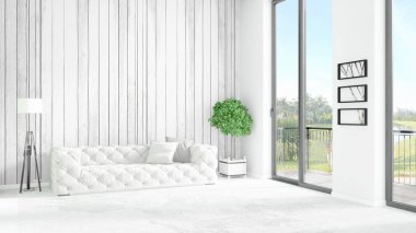 Yepyeni beyaz çatı katı yatak odası en az stil iç tasarım boşaltmak duvar ve görünümü penceresi dışında. 3D render.