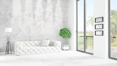 Yepyeni beyaz çatı katı yatak odası en az stil iç tasarım boşaltmak duvar ve görünümü penceresi dışında. 3D render.