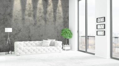 Yepyeni beyaz çatı katı yatak odası en az stil iç tasarım boşaltmak duvar ve görünümü penceresi dışında. 3D render.