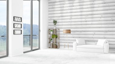 Yepyeni beyaz çatı katı yatak odası en az stil iç tasarım boşaltmak duvar ve görünümü penceresi dışında. 3D render.