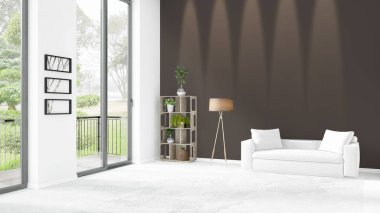 Yepyeni beyaz çatı katı yatak odası en az stil iç tasarım boşaltmak duvar ve görünümü penceresi dışında. 3D render.