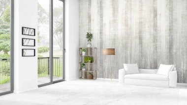 Yepyeni beyaz çatı katı yatak odası en az stil iç tasarım boşaltmak duvar ve görünümü penceresi dışında. 3D render.