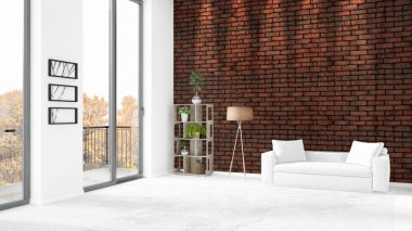 Yepyeni beyaz çatı katı yatak odası en az stil iç tasarım boşaltmak duvar ve görünümü penceresi dışında. 3D render.