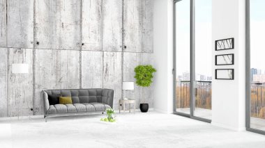 Yepyeni beyaz çatı katı yatak odası en az stil iç tasarım boşaltmak duvar ve görünümü penceresi dışında. 3D render.