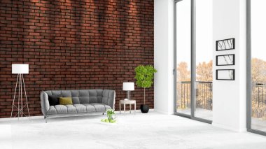 Yepyeni beyaz çatı katı yatak odası en az stil iç tasarım boşaltmak duvar ve görünümü penceresi dışında. 3D render.
