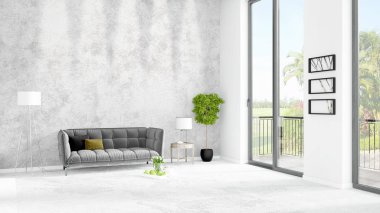 Yepyeni beyaz çatı katı yatak odası en az stil iç tasarım boşaltmak duvar ve görünümü penceresi dışında. 3D render.