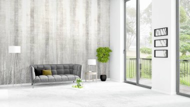 Yepyeni beyaz çatı katı yatak odası en az stil iç tasarım boşaltmak duvar ve görünümü penceresi dışında. 3D render.