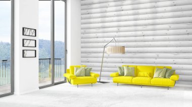 Yepyeni beyaz çatı katı yatak odası en az stil iç tasarım boşaltmak duvar ve görünümü penceresi dışında. 3D render.